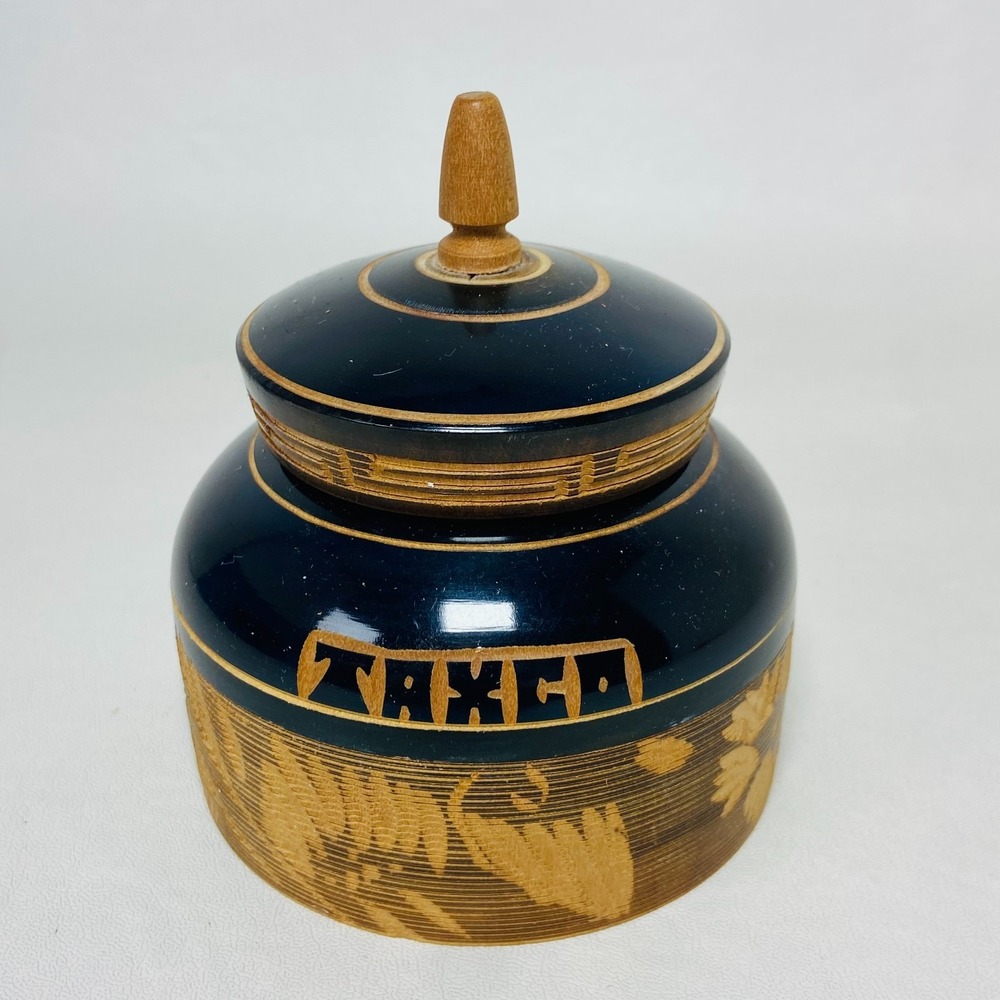 VTG Taxco Mexico Handmade Turned Black Floral Wood Lacquer Trinket Jewelry Box